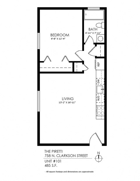 Floor plan for 1 bed, 1 bath, 500 sqft
